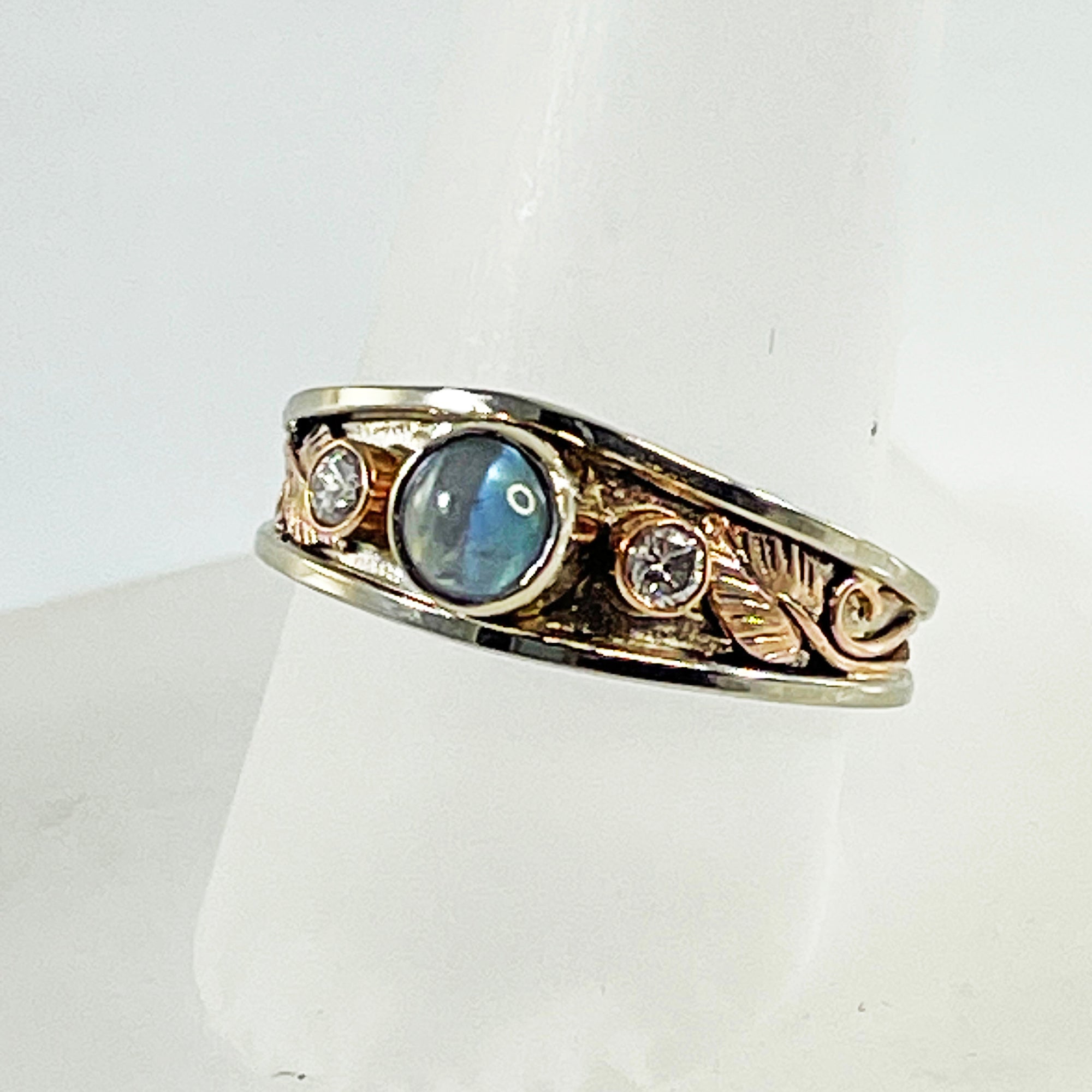 Cole Sheckler Ring - Cat's Eye Color-Shift Alexandrite .49ct w/ Diamonds in 14kt White Gold Channel Band w/ Rose Gold Leaves
