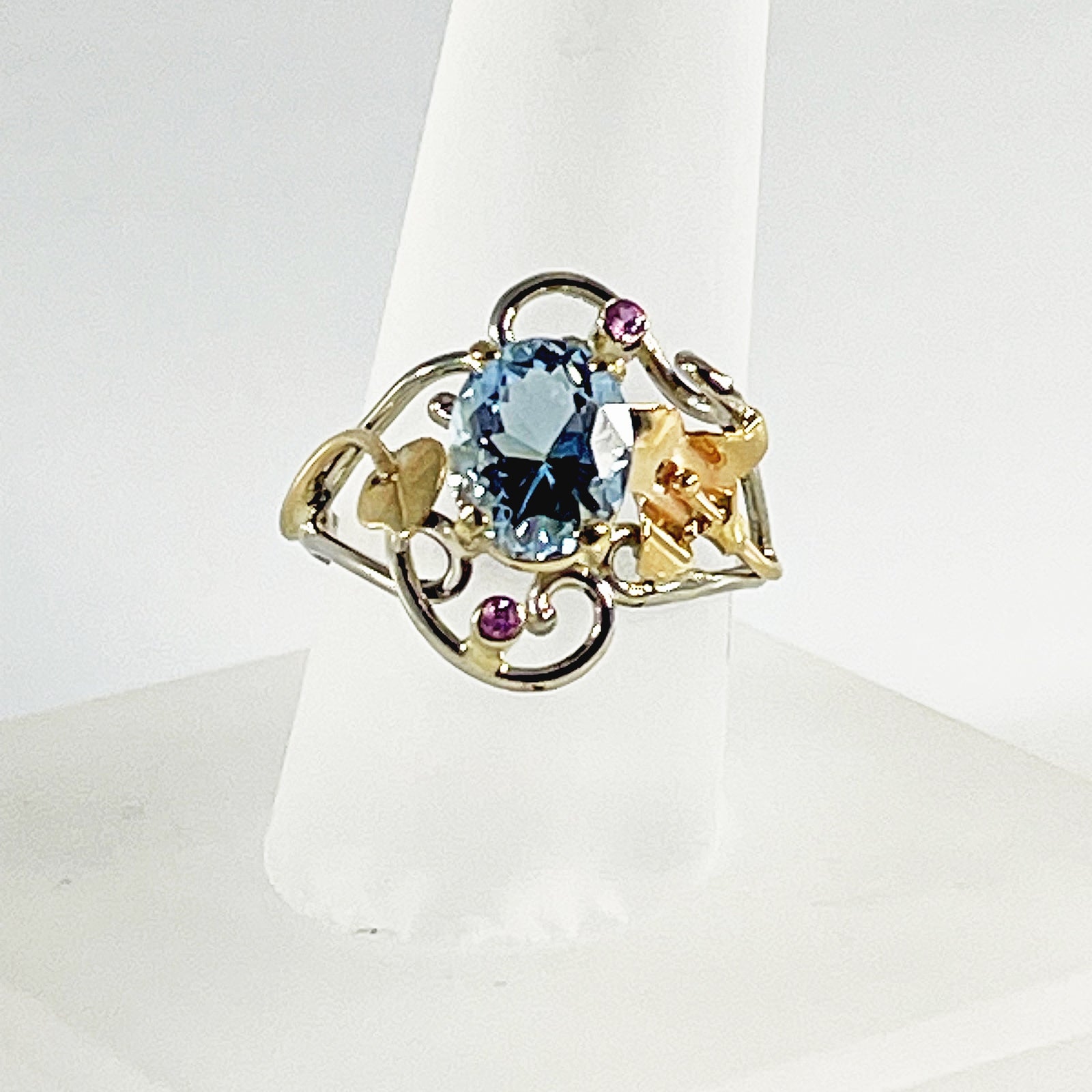 Cole Sheckler Ring - Aquamarine and Pink Sapphires in 14kt White Gold Scrolls w/ Yellow Gold Flowers and Leaves