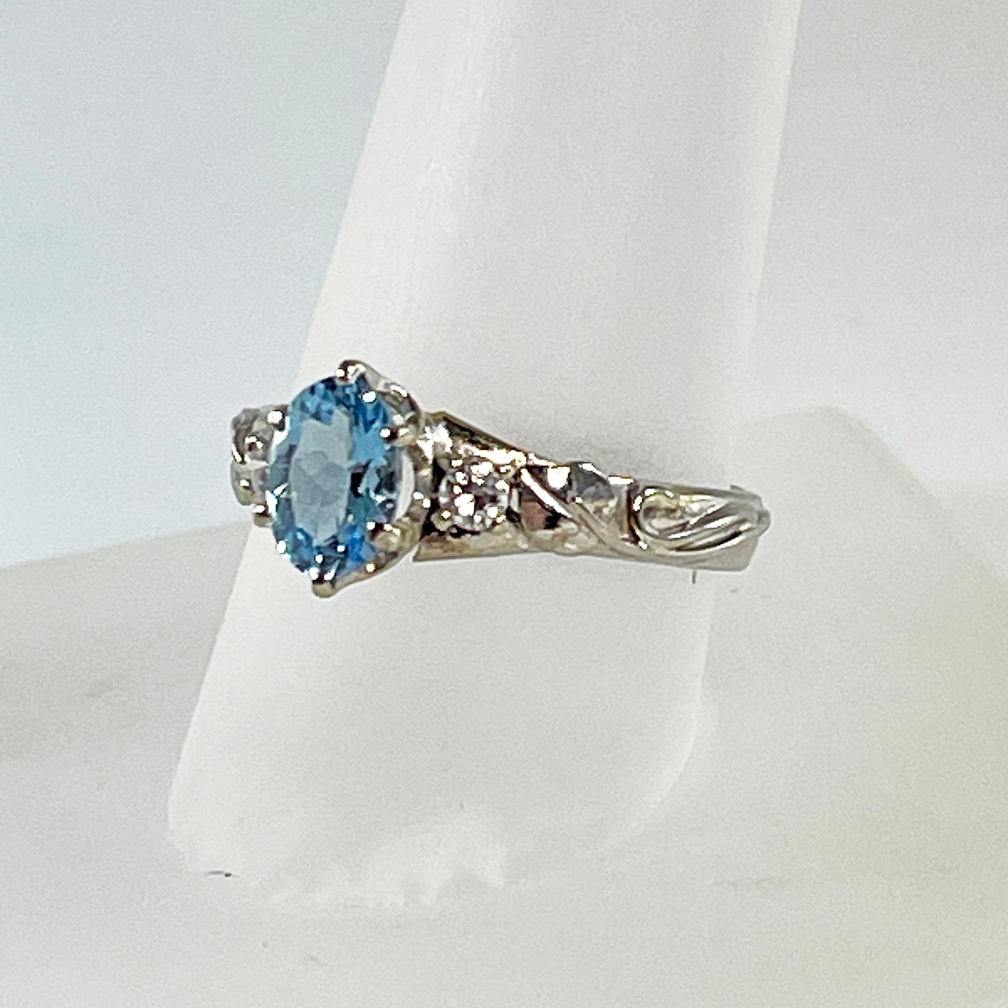 Cole Sheckler Ring - Aquamarine w/ Diamonds in 14k White Gold with Leaves