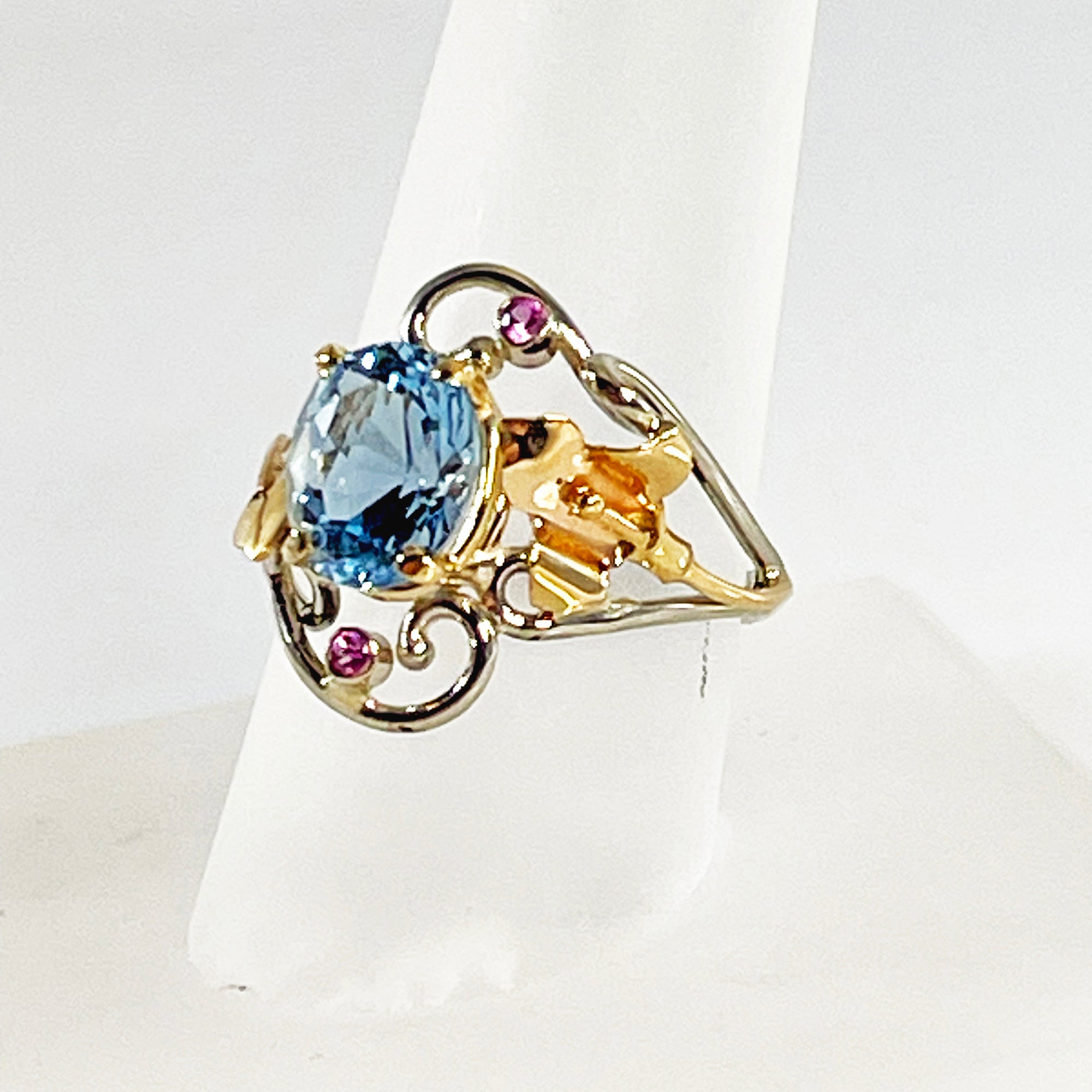 Cole Sheckler Ring - Aquamarine and Pink Sapphires in 14kt White Gold Scrolls w/ Yellow Gold Flowers and Leaves