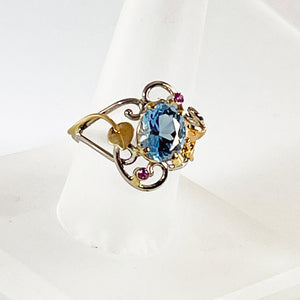 Cole Sheckler Ring - Aquamarine and Pink Sapphires in 14kt White Gold Scrolls w/ Yellow Gold Flowers and Leaves