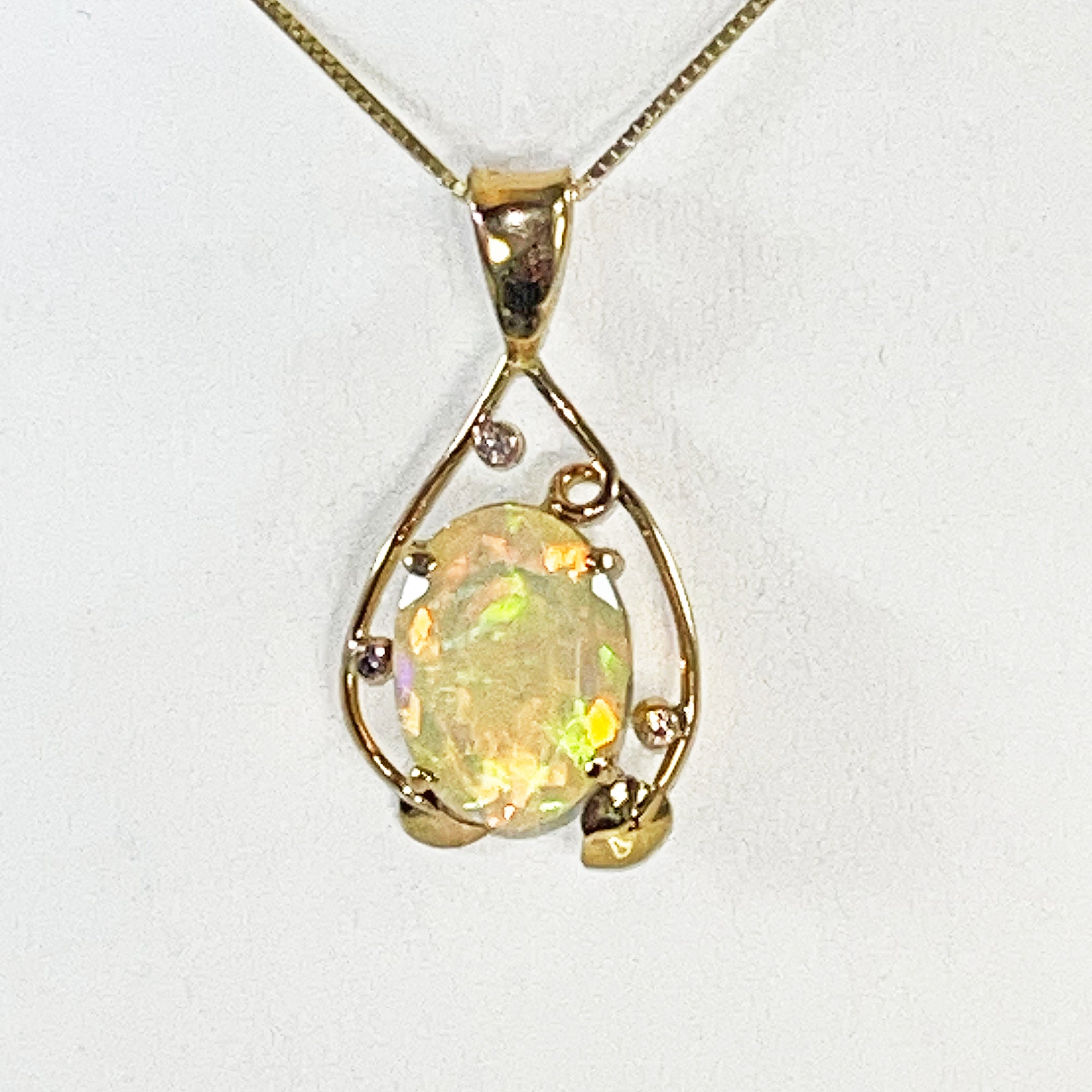 Cole Sheckler Necklace - Ethiopian Opal w/ Diamonds in 14kt Yellow Gold Scrolls and Leaves
