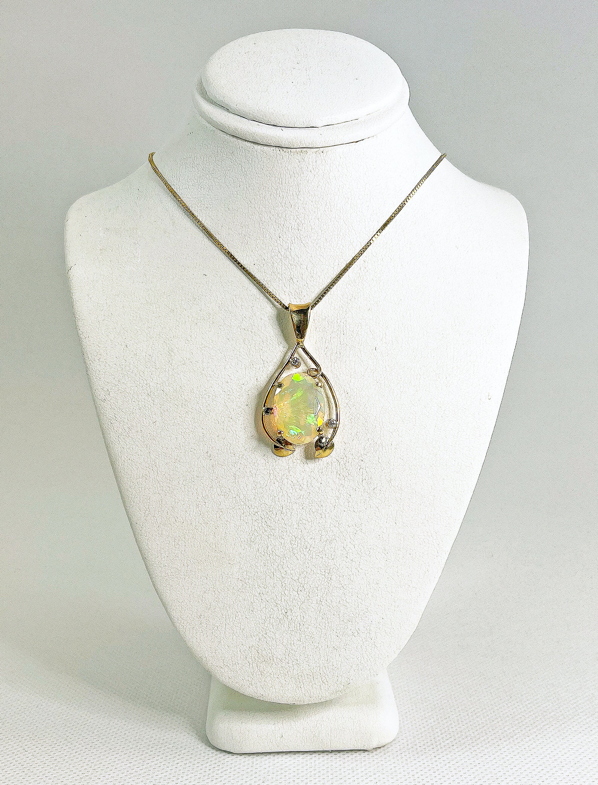 Cole Sheckler Necklace - Ethiopian Opal w/ Diamonds in 14kt Yellow Gold Scrolls and Leaves