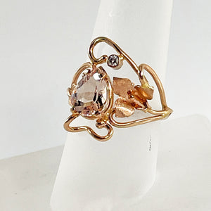 Cole Sheckler Ring - Morganite w/ Diamonds set in 14K Rose Gold Scrolls, Flowers and Leaves