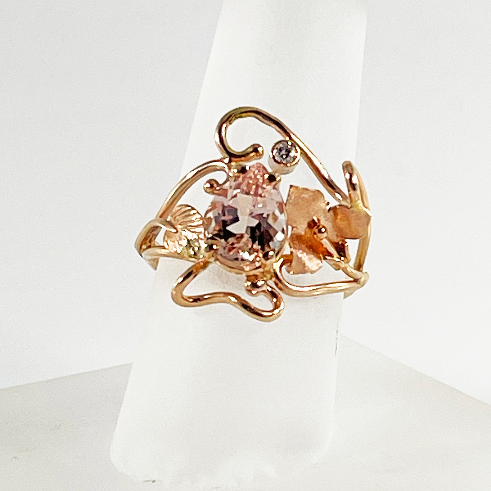 Cole Sheckler Ring - Morganite w/ Diamonds set in 14K Rose Gold Scrolls, Flowers and Leaves