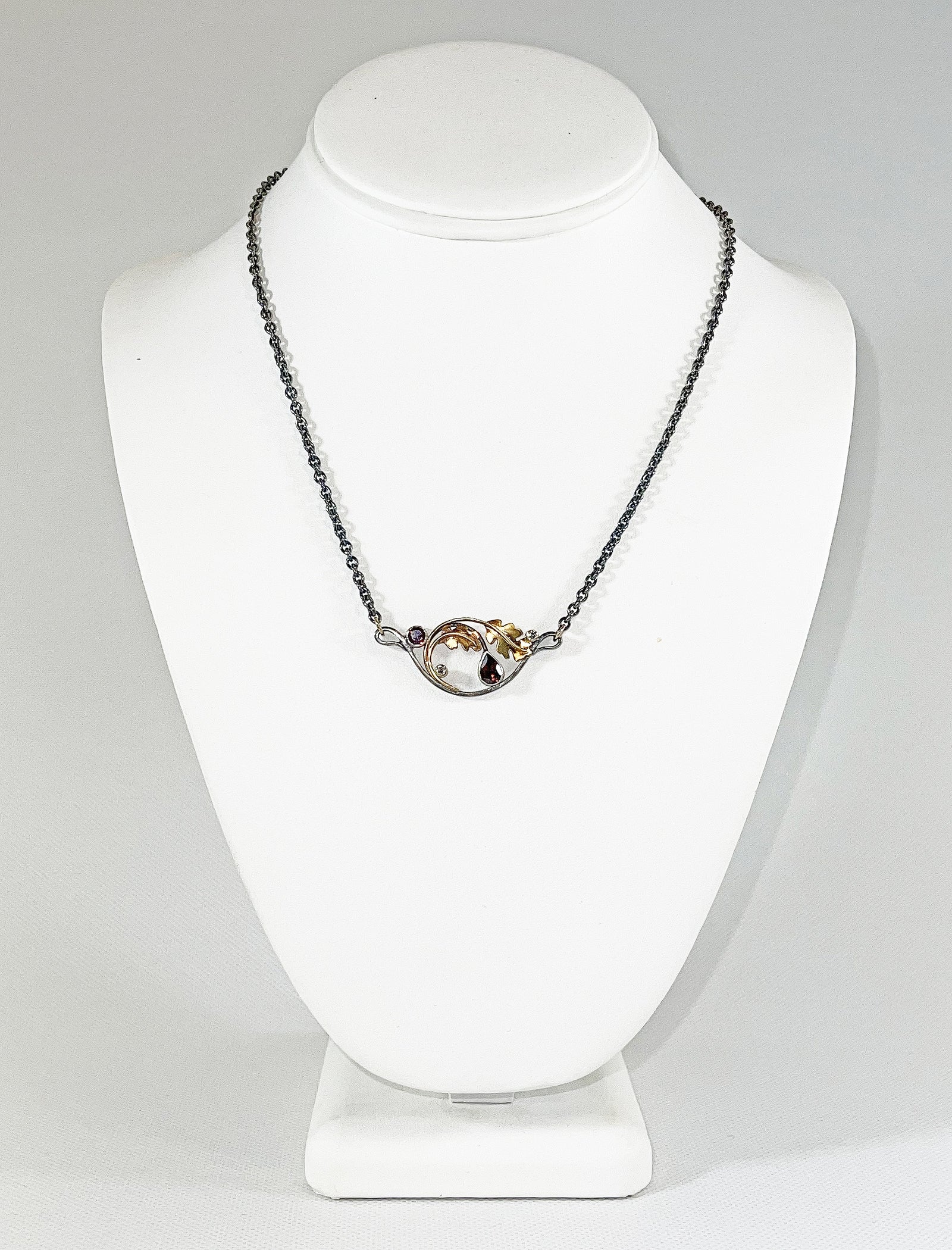 Brooke Barboza - Garnet with Diamonds and 14kt Gold Oak Leaves Necklace