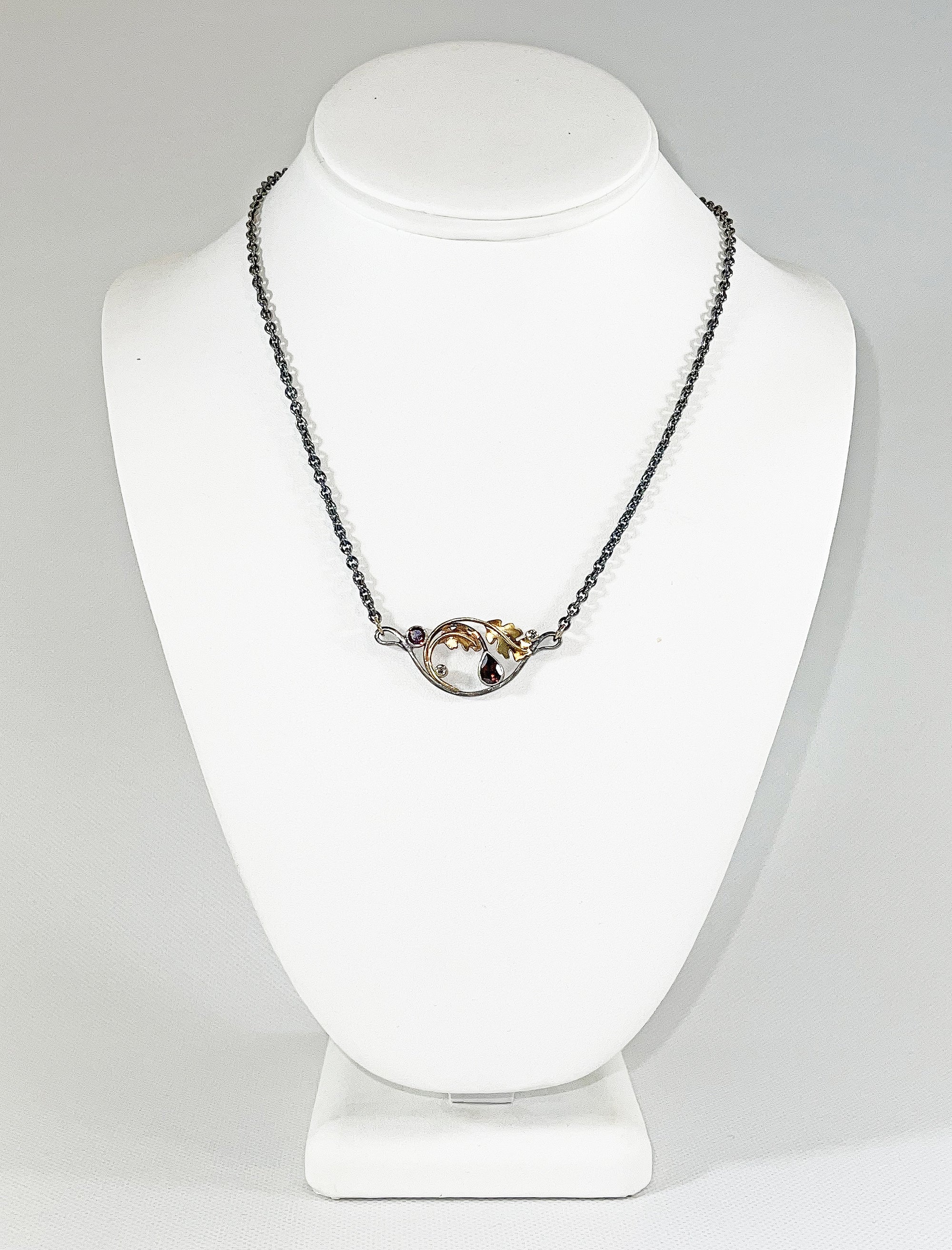 Brooke Barboza - Garnet with Diamonds and 14kt Gold Oak Leaves Necklace