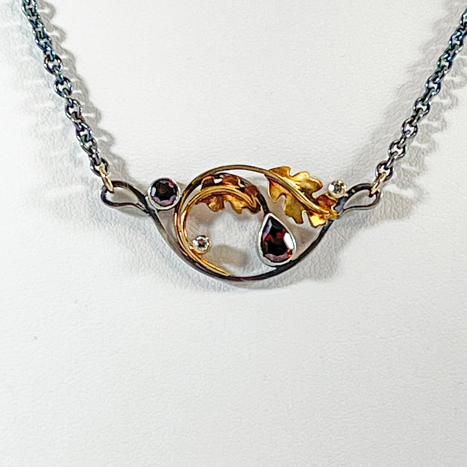 Brooke Barboza - Garnet with Diamonds and 14kt Gold Oak Leaves Necklace