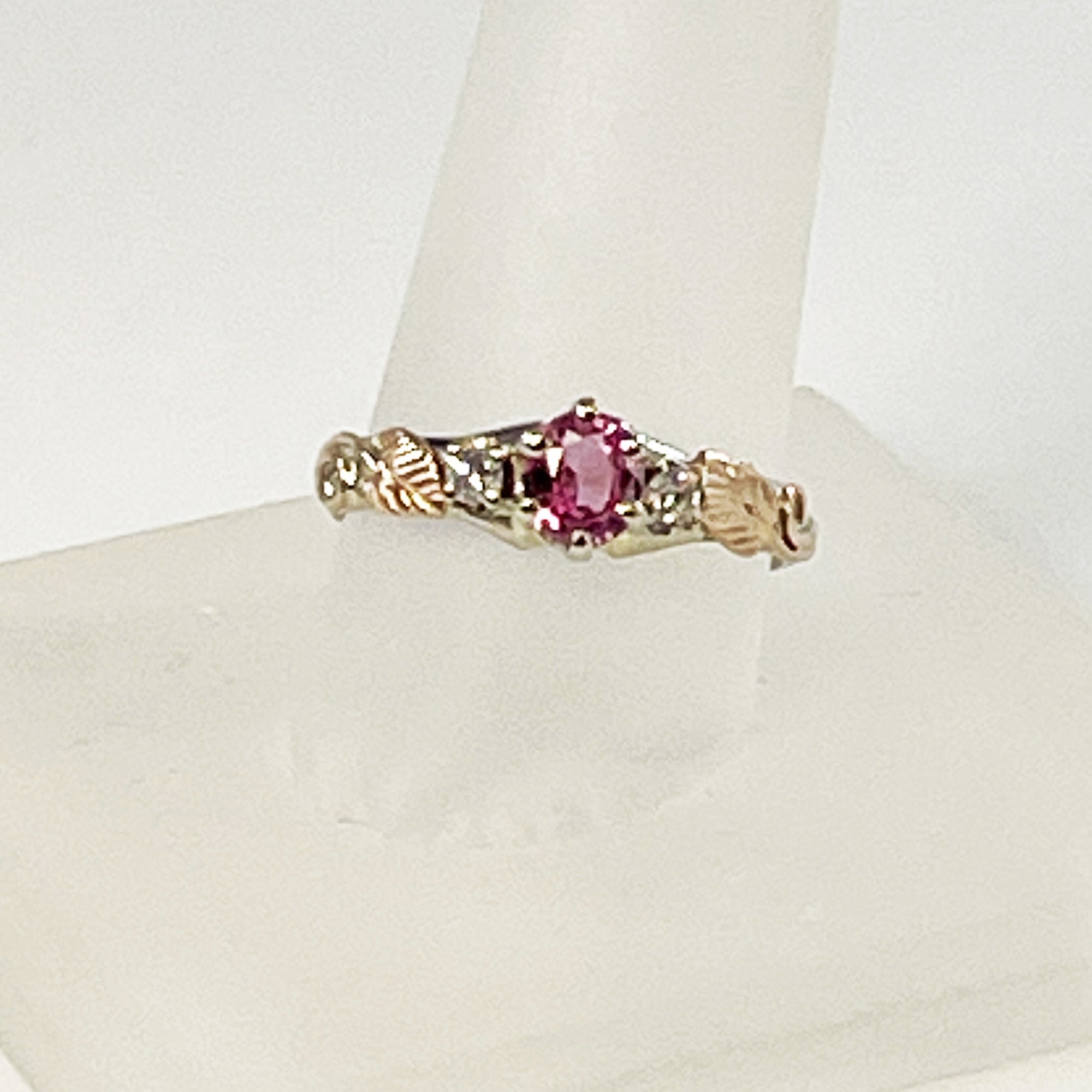 Cole Sheckler Ring - Padparasha Sapphire .54ct w/ Diamonds .11tcw in 14kt White Gold with Rose Gold Leaves