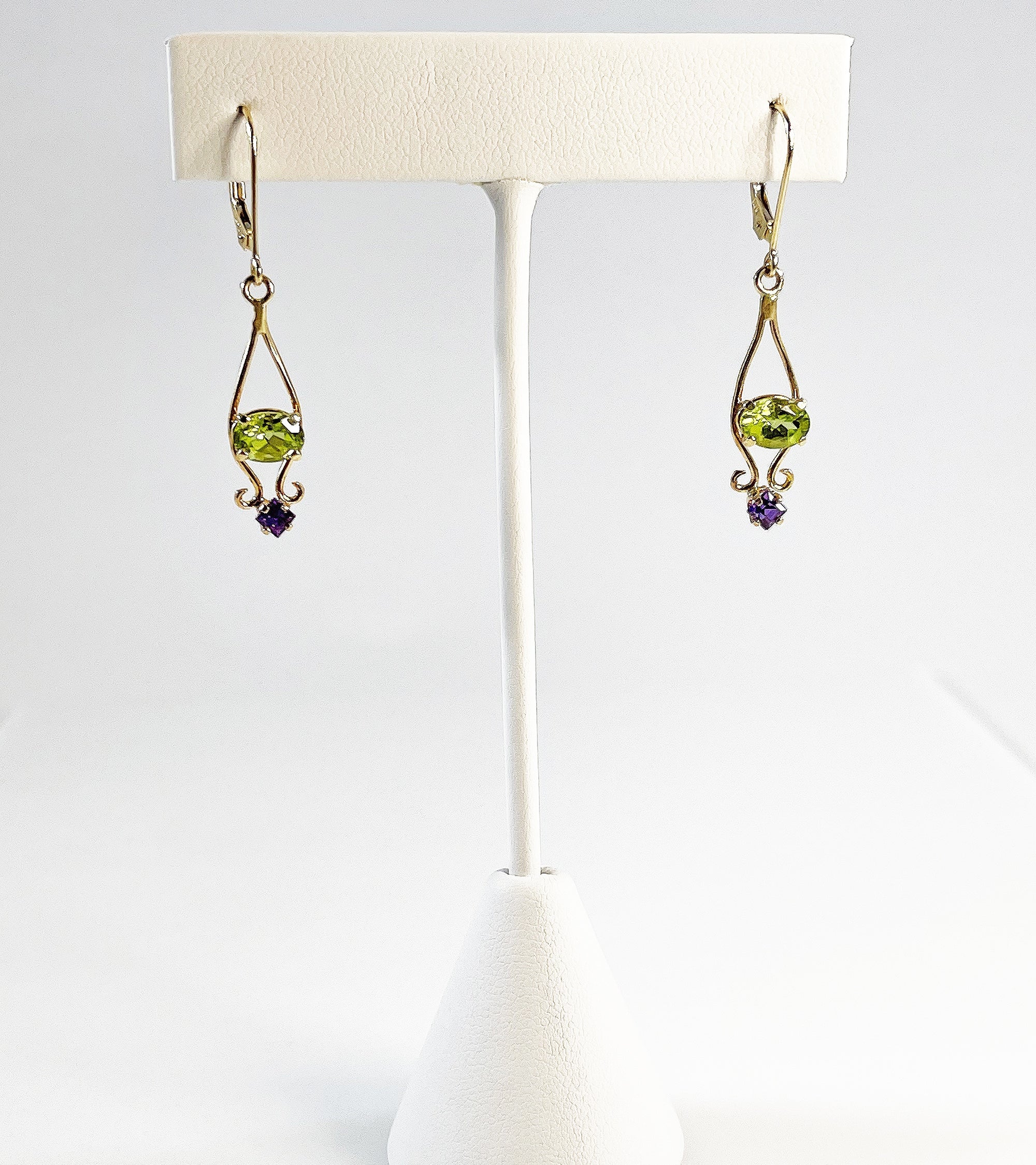 Cole Sheckler Earrings - Peridot and Amethyst Double Scroll Dangles in 14kt Yellow Gold