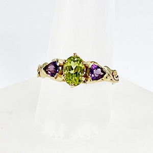 Cole Sheckler Ring - Peridot with Amethyst Trillions in 14kt Yellow Gold w/ Leaves