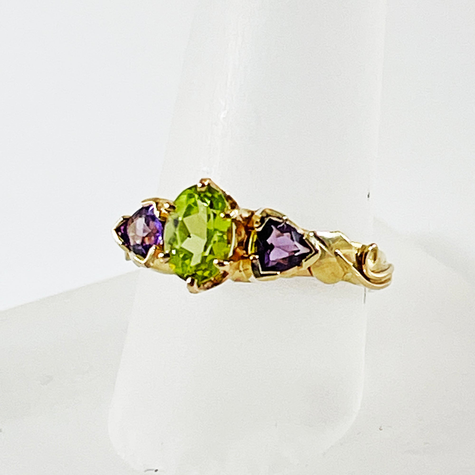 Cole Sheckler Ring - Peridot with Amethyst Trillions in 14kt Yellow Gold w/ Leaves