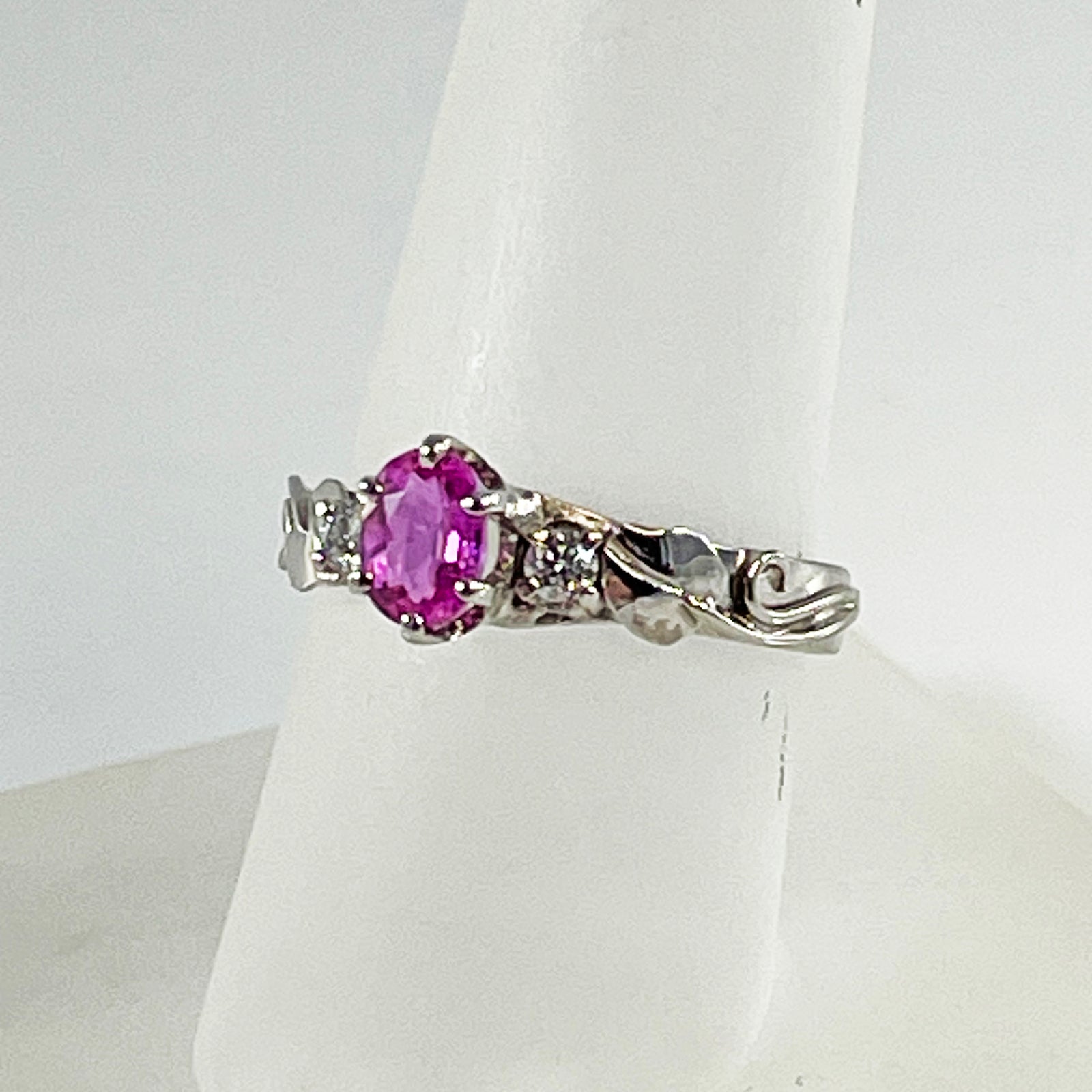 Cole Sheckler Ring - Pink Sapphire .66ct and Diamond .10tcw in 14K White Gold with Leaves
