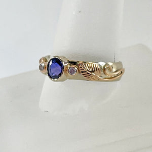 Cole Sheckler Ring - Purple Sapphire w/ Pink Diamond in 14 KT Yellow Gold with Rose Gold Leaves