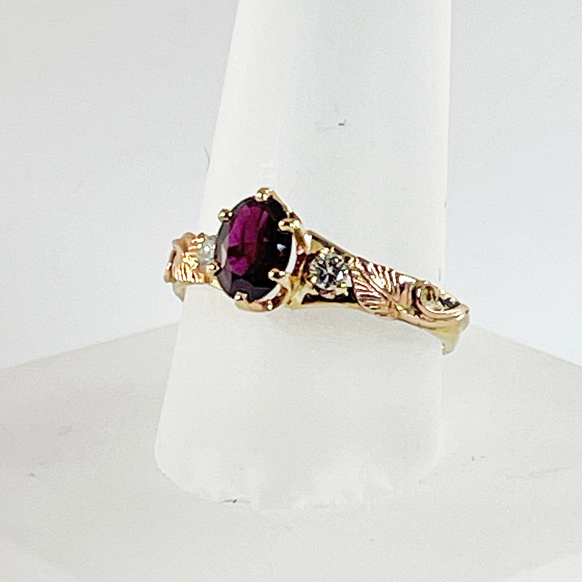 Cole Sheckler Ring - Pyrope Garnet with Diamonds in 14kt Yellow Gold w/ Rose Gold Leaves
