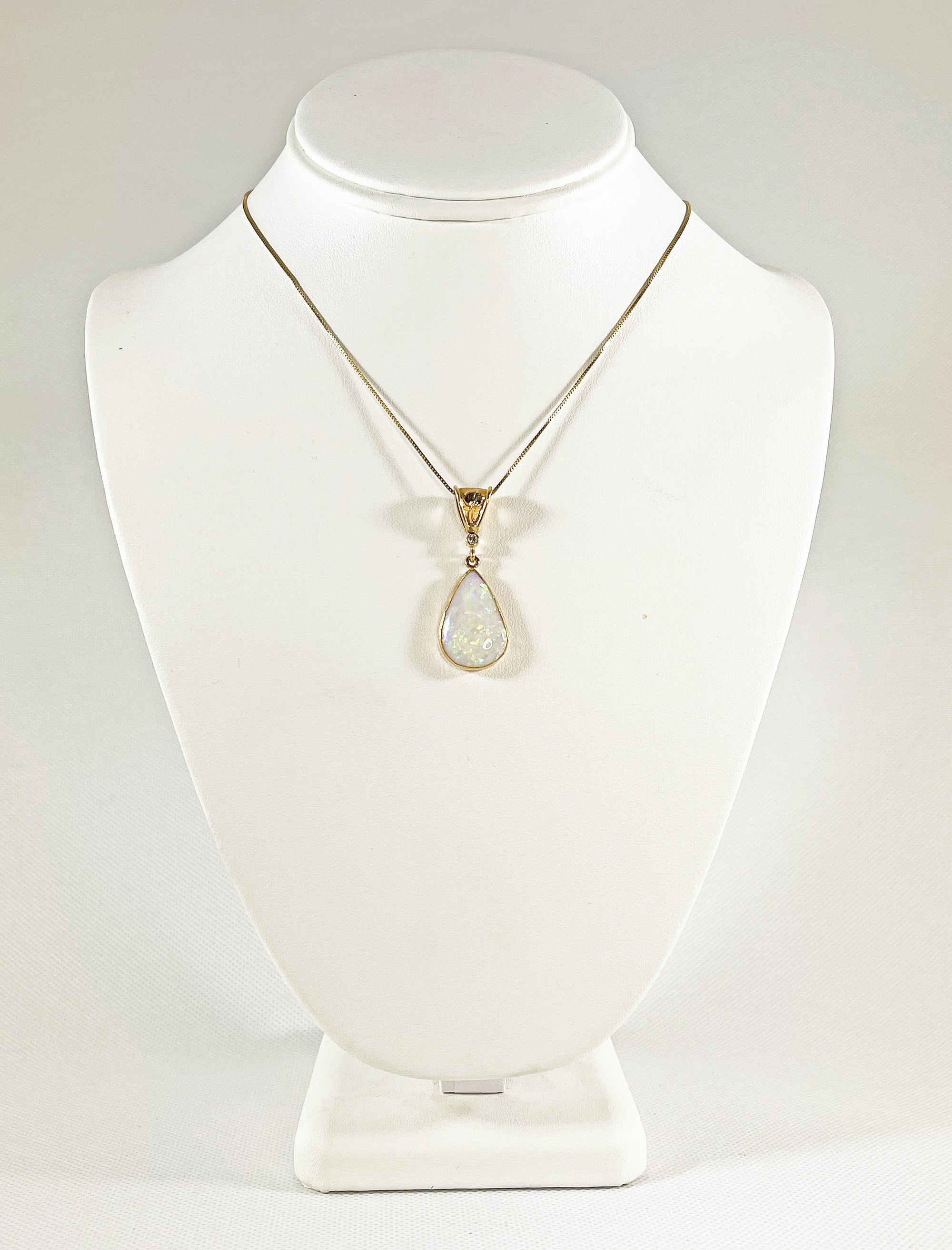 Cole Sheckler Necklace - White Opal Teardrop w/ Diamond set in 14kt Yellow Gold